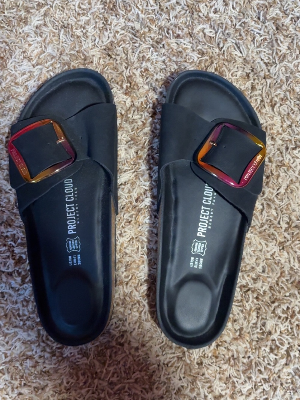 Project Cloud Black Slide Sandals with gold Buckle Accent